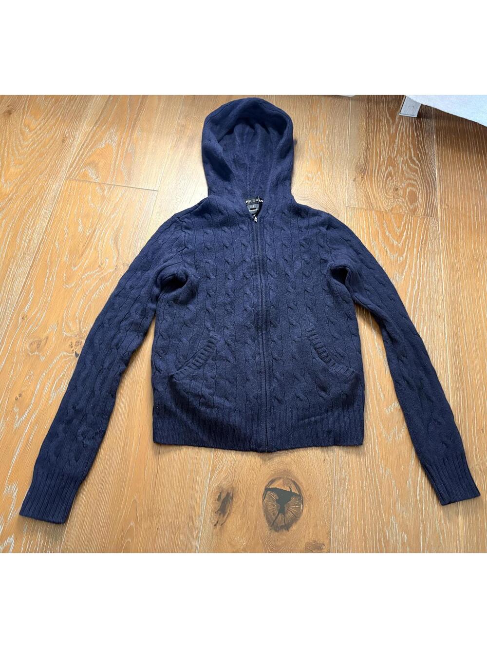 Ralph Lauren Navy Blue 100% Cashmere Cable Knit Zip-Up Hoodie Sweater Small